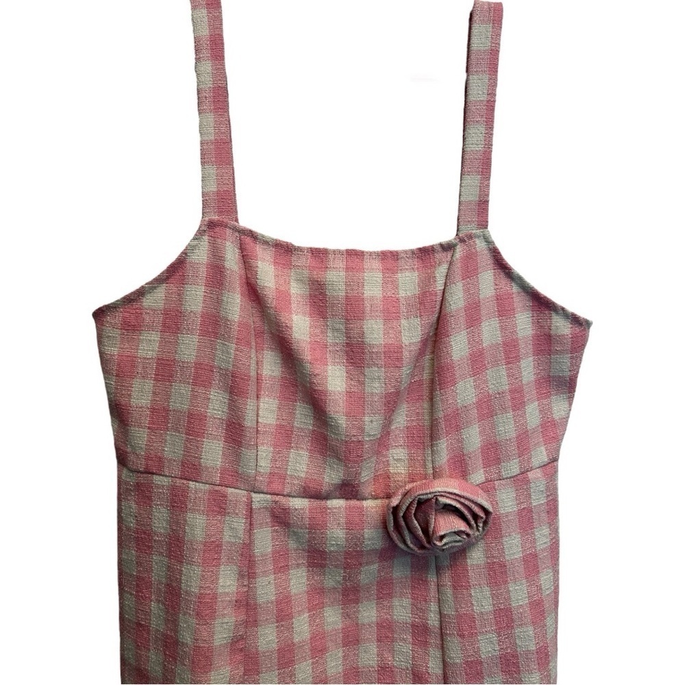 Cider Pink Gingham Square Neck Rosette Check Split Mini Dress Curve & Plus 1XL - Picture 6 of 13
